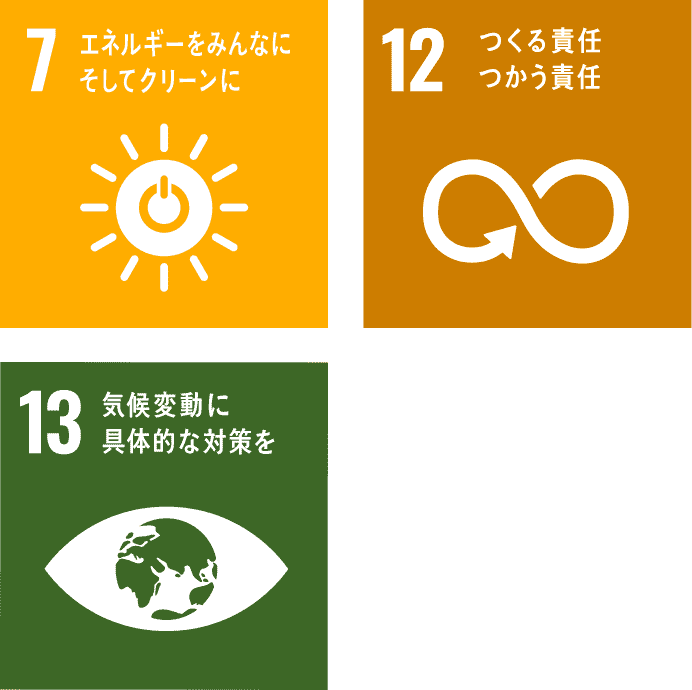 7．エネルギーをみんなに そしてクリーンに。12．つくる責任 つかう責任。13．気候変動に具体的な対策を